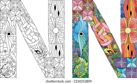 Letter N monogram for coloring, engraving design. Vector illustration. Color and outline set