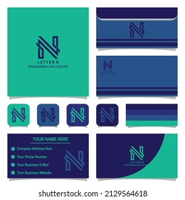 Diseño de logotipo de monograma de carta N con plantilla de sobre y tarjeta de visita