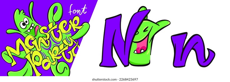 Letter N from the Monster party alphabet font. Large and small cartoon style letters set with cute monsters behind them for children, kindergarten, school, education, home party decor illustration