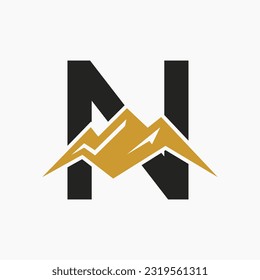 Letter N Mount Logo. Mountain Nature Landscape Logo Combine With Hill Icon and Template