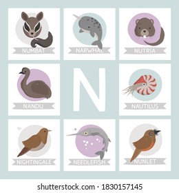 Letter N named animals. Cute animals alphabet for kids from A to Z. Cartoon animals card. Vector illustration