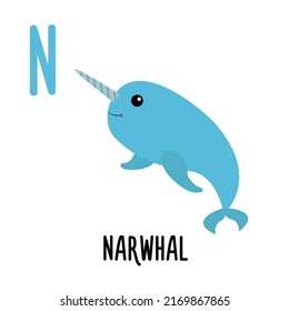 Letter N Narwhal. Animal and food alphabet for kids. Cute cartoon kawaii English abc. Funny Zoo Fruit Vegetable learning. Education cards. Isolated. Flat design. White background. Vector illustration