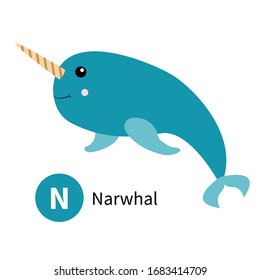Letter N. Narwhal. Zoo animal alphabet. English abc with cute cartoon kawaii funny baby animals. Education cards for kids. Isolated. White background. Flat design. Vector illustration