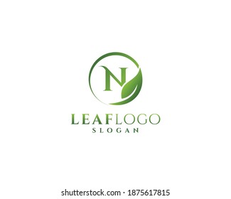 Letter N natural logo,leaf logo,green leaf circle logo design 