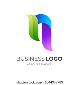letter N nature logo, letter N and leaf, combination logo with 3d colorful style