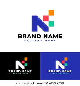 Letter N networking with color pixel symbol icon flat logo stock vector design