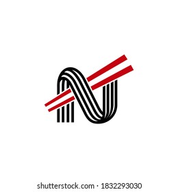 Letter N noodle logo design. Initial letter N with noodle and chopsticks. Simple line art logo concept in black and red color