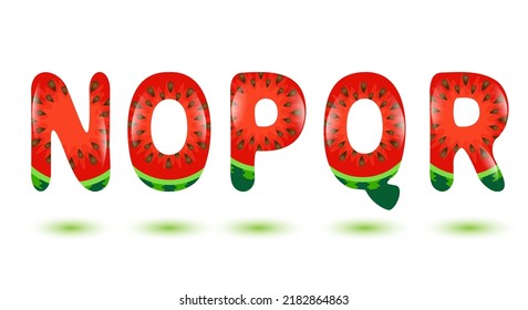 Letter N, O, P, Q, R made of watermelon. Cartoon fruit alphabet. Summer design element. Stock vector illustration isolated on white background.