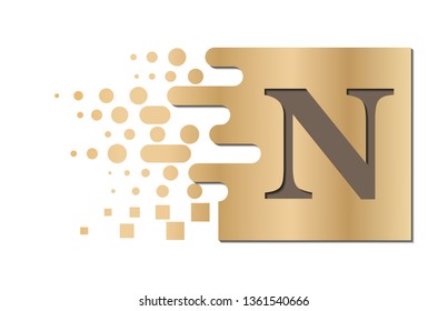 Letter N on a colored square with destroyed blocks on a white background