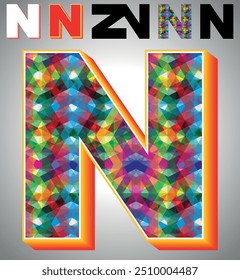 Letter N on triangular pattern mosaic royalty vector, Colorful triangles form N mosaic design, This graphic design is set against N white triangular background, Polygonal 3D Alphabet N, A to Z Letter,