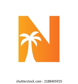 Concepto De Diseño De Logotipo De Árbol De Palm N Para La Plantilla De Vector De Icono De Paisaje De Playa De Viaje