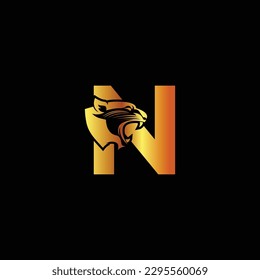 Letter N with panther head illustration in flat design monogram symbol.