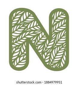 Letter N with a pattern of leaves. Green object on a white background. Plants theme. Openwork botanical logo, sign, icon for natural, eco products. Summer or spring alphabet, font. Vector illustration