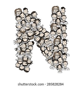 Letter N, people crowd, vector alphabet for your design