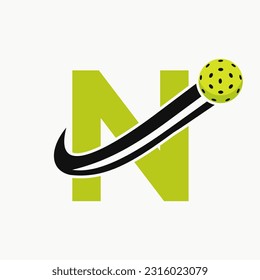 Letter N Pickleball Logo Concept With Moving Pickle Ball Symbol. Pickle Ball Logotype