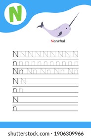 Letter N with a picture of narwhal and seven lines of letter N writing practice. Handwriting practice and alphabet learning. Vector illustration.