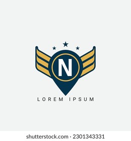 Letter N Pin and wings initial shield with wings logo design