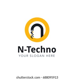 Letter N Pixel Logo Design Template With Yellow Circle Isolated on White Background. Vector Illustration