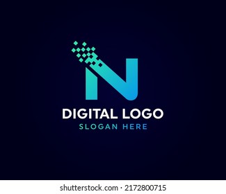 Letter N pixel logo, Technology and gigital logotype vector image
