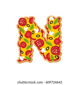 Letter N Pizza Font. Italian Meal Alphabet. Lettring Fast Food
