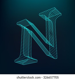 The letter N. Polygonal letter. Low poly model. The three-dimensional mesh. Volume mesh character