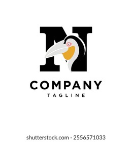 Letter N Pouched Hornbill Logo Icon Vector