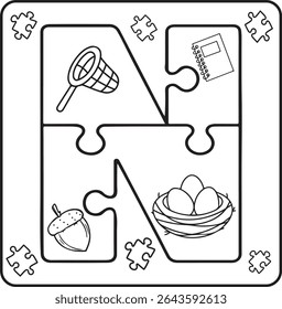 Letter N Puzzle Alphabet  with Objects kids coloring books for kids
