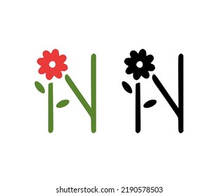 Letter N and red flower doodle icon