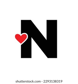 Letter N with red heart monogram. N heart icon.