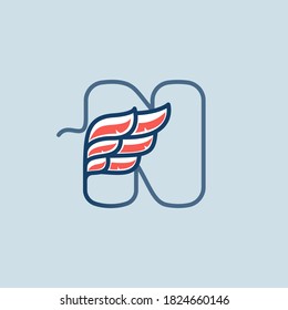 Letter N with red wing inside. Template for sport logo, champion label, hockey emblem, tattoo sign, heraldic stamp. Vector illustration.