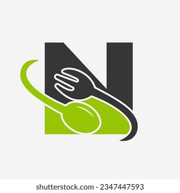 Letter N Restaurant Logo Combined with Fork and Spoon Icon