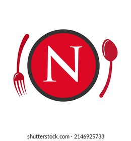 Letter N Restaurant Logo. Restaurant Logotype On Letter N Spoon And Fork Concept Vector
