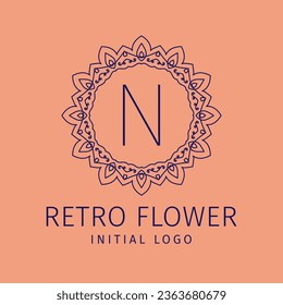 letter N retro flower initial vector logo design