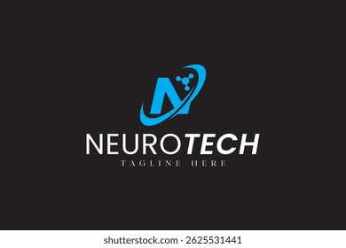 letter N with ring line and atom symbol logo design. minimalist letter N with neuron shape logo design. modern letter N with particle shape logo design for technology, health and medical company
