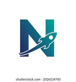 Letter N with Rocket Up and Swoosh Logo Design. Creative Letter Mark Suitable for Company Brand Identity, Travel, Start up, Logistic, Business Logo Template