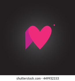 Letter N. Letter rounded character in the hearts of ide.  Icon logo lilac  pink on a dark background