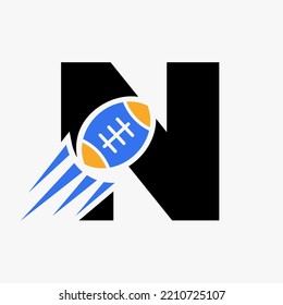 Letter N Rugby Logo Concept With Moving Rugby Ball Icon. Rugby Sports Logotype Symbol Vector Template
