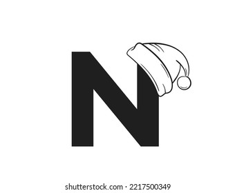 letter n with santa claus hat. initial letter for Christmas and New Year text design. isolated vector image in simple style