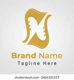 Letter N Saxophone Logo, simple logo of Two Saxophone Musical Instruments is arranged to form the Negative Space of Letter N