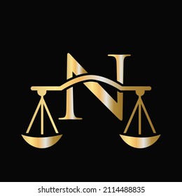 Letter N Scale Attorney Law Logo Design. Initial Pillar, Law firm, Attorney Sign Design On Letter N Concept Template