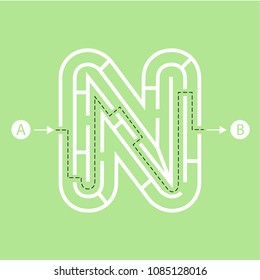 Letter N shape Maze Labyrinth, maze with one way to entrance and one way to exit. Flat design, vector illustration.