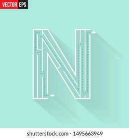Letter N shape Maze Labyrinth, maze with one way to entrance and one way to exit. Flat design, vector illustration.