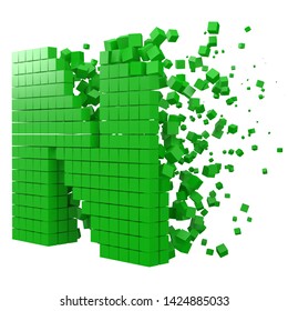 letter N shaped data block. version with green cubes. 3d pixel style vector illustration. suitable for blockchain, technology, computer and abstract themes.