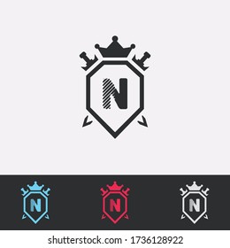 Letra N Escudo, Espada, Corona -logotipo abstracto- Diseño vectorial