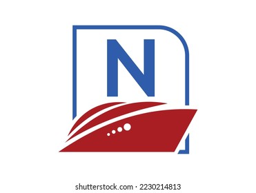Letter N with the ship, cruise, or boat logo design template, icon sign symbol ocean waves vector illustration.