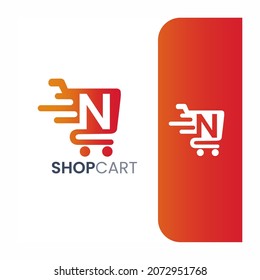 Letter N Shopping Cart Logo, Fast Trolley Shop Icon
