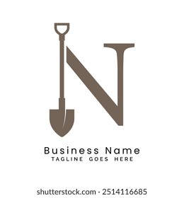 Letter N shovel logo design. Alphabet N construction icon