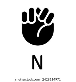 Letra N signo en ASL icono de glifo negro. Sistema de comunicación. Modalidad visual para personas con sordera. Símbolo de silueta en espacio blanco. Pictograma sólido. Ilustración aislada del vector