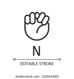 Letter N Sign In ASL Pixel Perfect Linear Icon. Communication System. Visual Modality. Thin Line Illustration. Contour Symbol. Vector Outline Drawing. Editable Stroke. Arial Font Used