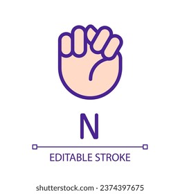 Letter N sign in ASL pixel perfect RGB color icon. Communication system. Visual modality. Isolated vector illustration. Simple filled line drawing. Editable stroke. Arial font used